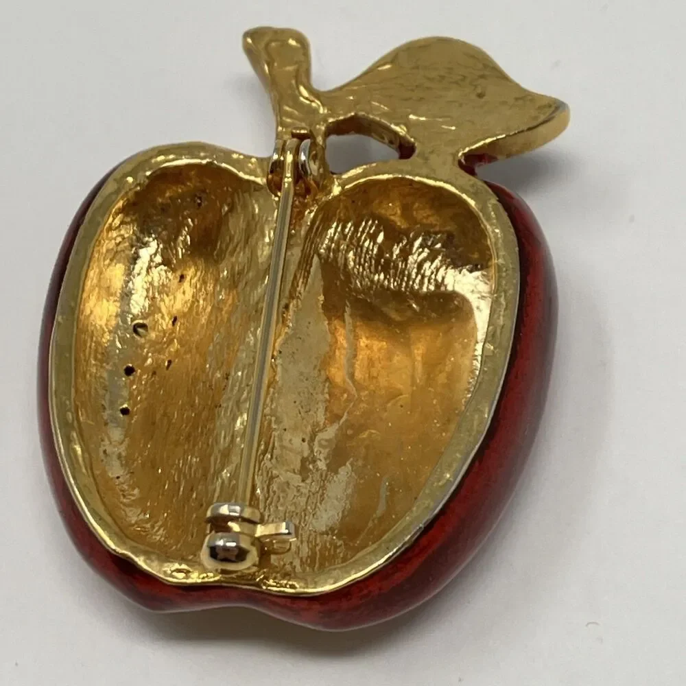 Apple Pin Brooch Pave Set Rhinestones Crystals Enamel Red Delicious Teacher Gift